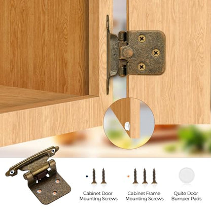 4 Pack (2 Pairs) Antique Brass Cabinet Hinges for Kitchen Doors, Self-Closing, 1/2 Inch Overlay (Variable), Semi-Concealed Face Frame, Surface Mount Cabinet Hardware - color: Antique Brass