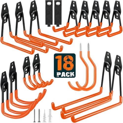 HUPBIPY 18 Pack Garage Hooks Heavy Duty Utility Steel with Anti-Slip Coating Wall Mount Storage Organizer for Hanging Power and Garden Tools, Ladders, Hose, Bikes, Ropes, Bulk Items, and More - color: 18 Pack Orange