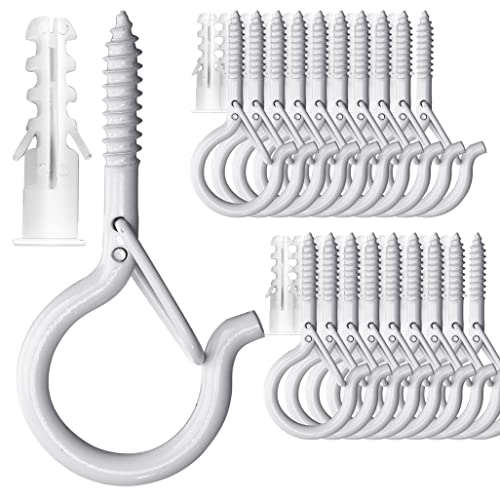 PlusRoc 20 Pack Ceiling Hooks for Hanging Plants Outdoor String Lights Heavy Duty, 2.2 Inch Eye Hook Screw in Cup Hooks Q-Hanger for Patio Lights, Wall Wood Fence Deck Mount(White) - color: White