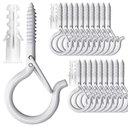 PlusRoc 20 Pack Ceiling Hooks for Hanging Plants Outdoor String Lights Heavy Duty, 2.2 Inch Eye Hook Screw in Cup Hooks Q-Hanger for Patio Lights, Wall Wood Fence Deck Mount(White) - color: White