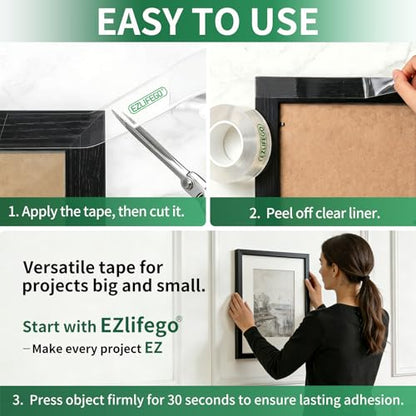 EZlifego Double Sided Tape Heavy Duty(Extra Large, Pack of 2, Total 396 Inch), Nano Double Sided Adhesive Tape, Clear Mounting Tape Picture Hanging Strips, Removable Wall Tape Sticky Poster Tape Decor