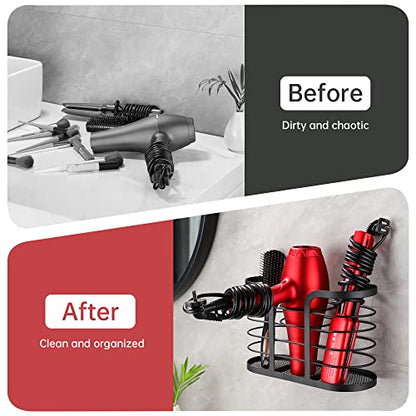 YIGII Hair Dryer Holder - Wall Mount/Adhesive Blow Dryer Holder Bathroom Organizer Hot Tools Organizer for Hair Dryer, Electric Shaver Black - color: Black-L