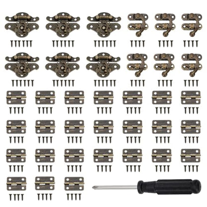 PH PandaHall 36pcs Retro Jewelry Box Hinges and Latches Hardware Box Lock Kit Antique Right Latch Hasp Hooks Set with Screws and Screwdriver for DIY Jewelry Cabinet Furniture (Catch*12 + Hinges*24)