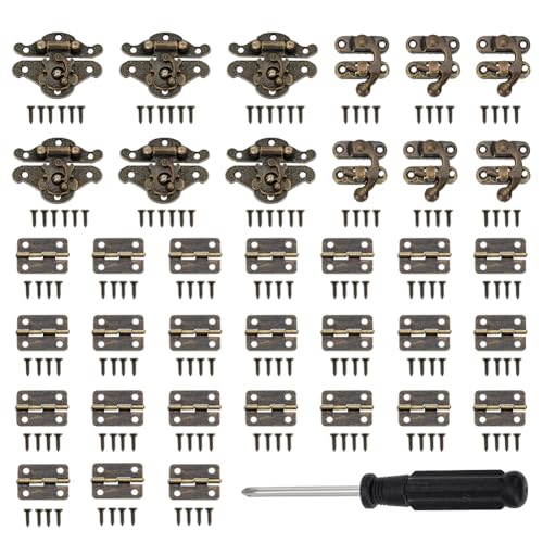 PH PandaHall 36pcs Retro Jewelry Box Hinges and Latches Hardware Box Lock Kit Antique Right Latch Hasp Hooks Set with Screws and Screwdriver for DIY Jewelry Cabinet Furniture (Catch*12 + Hinges*24)