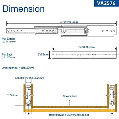 VADANIA 24" Heavy Duty Drawer Slide Without Lock, #A76, 2" Width Up to 250lb Load Capacity, 3-Fold Full Extension, Ball Bearing, Side Mount, 1-Pair - color: #A76 - Without Lock, size: 24 Inch