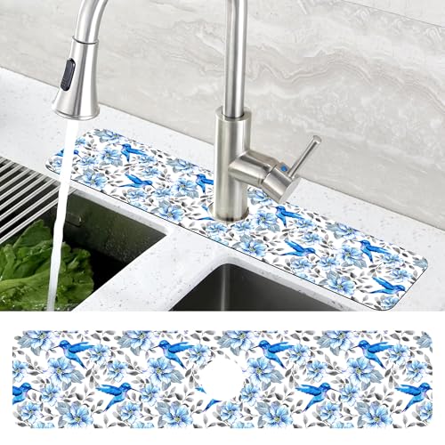 Kitchen Sink Splash Guard Faucet Mat Blue Floral and Hummingbird Absorbent Fast Drying Mat Faucet Draining Mat Sink Splash Guard Behind Faucet Drip Catcher for Kitchen Bathroom 24" X 5.5" - size: 5.5"x24"