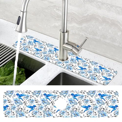 Kitchen Sink Splash Guard Faucet Mat Blue Floral and Hummingbird Absorbent Fast Drying Mat Faucet Draining Mat Sink Splash Guard Behind Faucet Drip Catcher for Kitchen Bathroom 24" X 5.5" - size: 5.5"x24"
