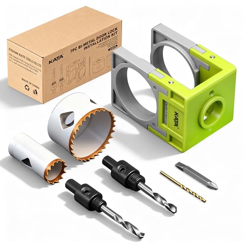 KATA Door Lock Installation Kit for Metal & Wood Doors, 1-3/8" to 1-3/4" Bi-Metal Hole Saw with Adjustable Guide Template, Installing Deadbolt and Knob, Extra Drill Bit & Screwdriver Bit Inclued - color: Green/Grey