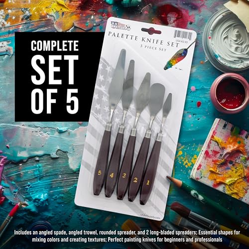 U.S. Art Supply 5-Piece Stainless Steel Palette Knife Set for Acrylic Painting - Paint Spatula Tools for Oil, Canvas Art - Painting Knives for Mixing, Texturing - Pallet Knives for Art & Cake
