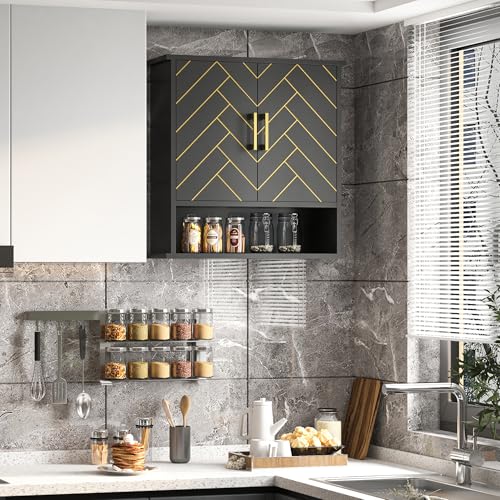 Black Chevron Pattern Bathroom Wall Cabinet, Modern Hanging Medicine Cabinet with Gold Hardware, Space-Saving Over Toilet Storage Organizer (23 5/8" x 22 7/8" x 7 1/8") - style: Chevron Pattern-Black