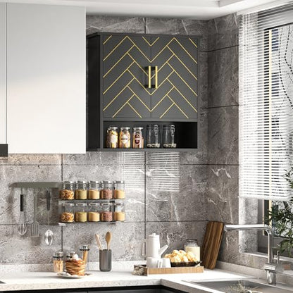 Black Chevron Pattern Bathroom Wall Cabinet, Modern Hanging Medicine Cabinet with Gold Hardware, Space-Saving Over Toilet Storage Organizer (23 5/8" x 22 7/8" x 7 1/8") - style: Chevron Pattern-Black