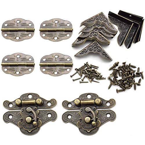 SDTC Tech 2-Set Retro Style Jewelry Box Right Hook Hasp Latch & Hinges & Corner Protectors Assortment Kit with Matching Mounting Screws and Nails - color: 49x37mm Latch