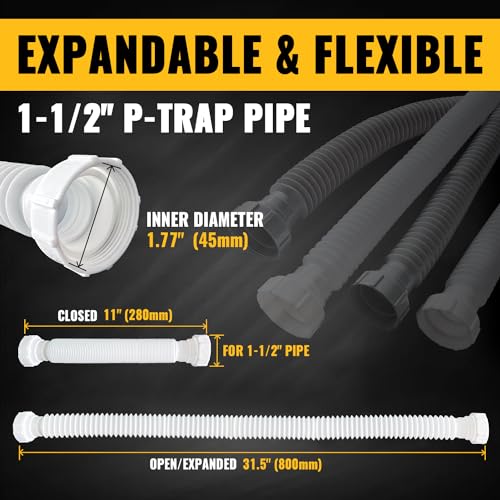 VIVIDA Flexible Sink Drain Pipe, 1-1/2" Expandable Flexible P Trap Drain Pipe, 11"-31.5" Sink P Trap for Bathroom & Kitchen, 1-1/4" Adapter Included, White, 1 PACK - color: White, size: 11" to 31.5"