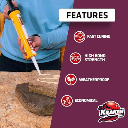 KRAKEN BOND No More Nails Clear Polyurethane Adhesive - 100% Waterproof (D4) and Sealant for Wood, Ceramic, Tile, Floor, Granite, Rubber | 12 Pack, 10.1 Fl. Oz. - size: 12 Pack, style: No More Nails Adhesive