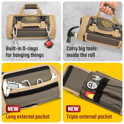 The Ryker Bag 14 Inch Wide Mouth Tool Bag Organizer Small Heavy Duty Tool Bags for Men/Women & Tool Organizer Tool Roll Small Car Portable Tool Bag Roll Up-Gifts for Dad