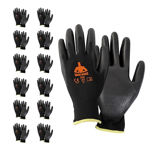 Jack Boss 12 Pairs Safety Work Gloves for Men & Women With PU Coated Grip On Palm & Fingers Seamless Knit Working Gloves - color: Black, size: X-Large (Pack of 12)