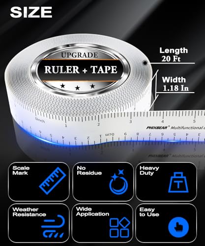 PHIXBEAR Double Sided Tape Built-in Ruler 1.18" x20ft - Clear Mounting Tape for Scrapbooking, Card Making, Paper Crafts, No Residue