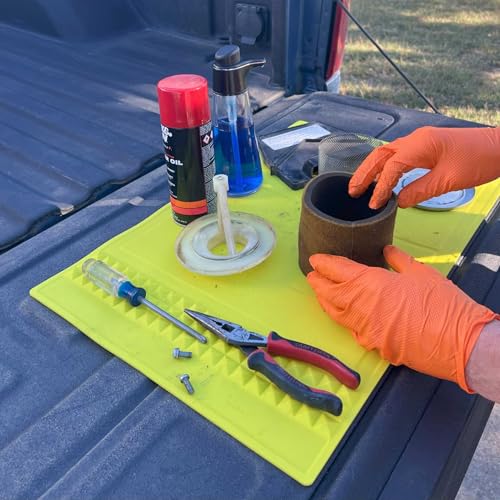 Mullet Workbench Duty Mat - Heat-Resistant Silicone Work Mat for Tool Hardware Organization | Non-Slip, Easy-to-Clean, Roll-Up Mat (23.5” x 15.5”) Hi-Vis Yellow