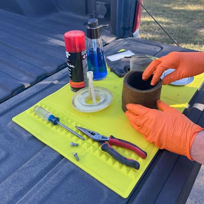 Mullet Workbench Duty Mat - Heat-Resistant Silicone Work Mat for Tool Hardware Organization | Non-Slip, Easy-to-Clean, Roll-Up Mat (23.5” x 15.5”) Hi-Vis Yellow
