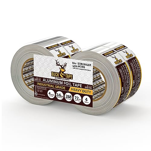 4 Pack Buck Aluminum Foil Tape – 4 Inch x 216ft (72 yd), 3.6 Mil – HVAC Tape for Ductwork, AC, Dryer Vents & Insulation – Silver Foil Tape for Metal Repair, Exhaust Sealing & Air Conditioning - size: 4 Inch, style: 4 Pack