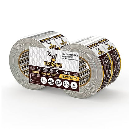 4 Pack Buck Aluminum Foil Tape – 4 Inch x 216ft (72 yd), 3.6 Mil – HVAC Tape for Ductwork, AC, Dryer Vents & Insulation – Silver Foil Tape for Metal Repair, Exhaust Sealing & Air Conditioning - size: 4 Inch, style: 4 Pack