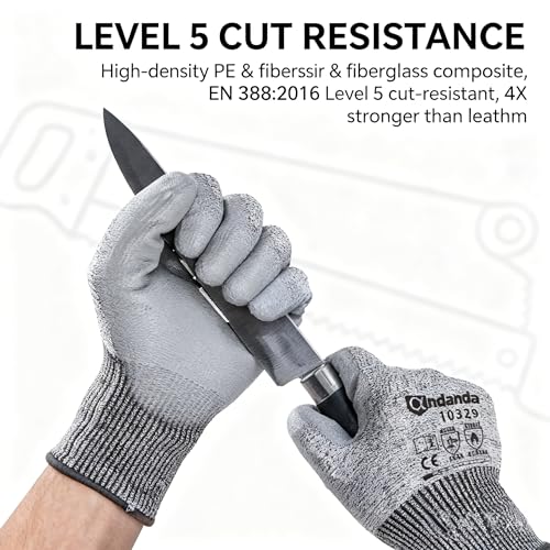 ANDANDA Cut Resistant Gloves Level 5, PU Coated Work Gloves with Power Grip for Dry & Slightly Oily Environment, Garden, - size: Large