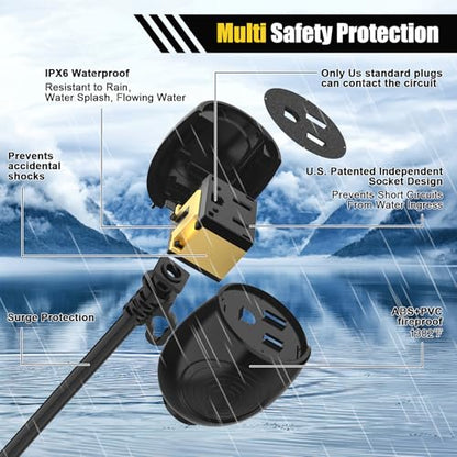 6FT Waterproof Outdoor Extension Cord,IPX6 Waterproof,Cold Weather & Fireproof,Heavy Duty 3 Prong Cable,18AWG 125V 10A,FCC/ETL Certified - size: 6FT