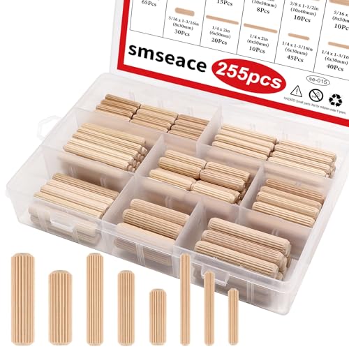 smseace 255Pcs Wooden Dowel Pins - 8 Sizes 1/4Inch 5/16Inch 3/8Inch Fluted Wooden Dowel Kit for Crafts, Furniture, Door, DIY - size: 255Pcs Straight Wood Pin - 8 Sizes