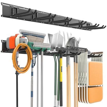 EVERHANGER Garage Tool Storage Organizer, Wall Mount Garden Tool Rack Organization, Heavy Duty Folding Chair Hangers with 6 Adjustable Hooks, Max Load 450lb, 48inch - size: 6Hooks