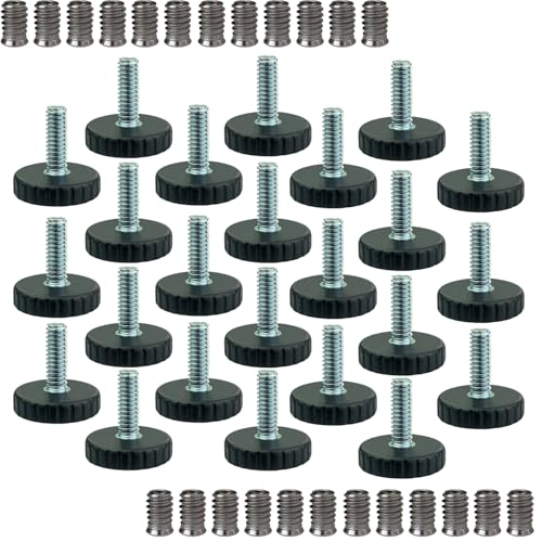 1/4" Thread Furniture Levelers Screw On for Table/Chair/Bar Stool Feet Leveling Glide with Threaded Wood Inserts Nuts,1/4-20 Adjustable Furniture Foot/Leg Pads Screws in(24 Sets/Pack)