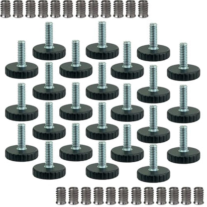1/4" Thread Furniture Levelers Screw On for Table/Chair/Bar Stool Feet Leveling Glide with Threaded Wood Inserts Nuts,1/4-20 Adjustable Furniture Foot/Leg Pads Screws in(24 Sets/Pack)