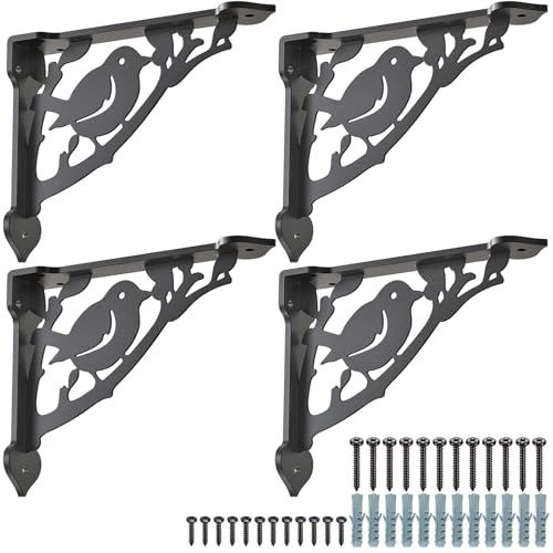 SELEWARE Heavy Duty Shelf Brackets 8 Inch, Bird Shelves Brackets, 300LB Capacity Decorative Metal L Brackets for Floating Shelves, Black Rustic Wall Mount Shelving Bracket with Screws, 4 Pack - size: 8 Inch, style: Bird-4 pack