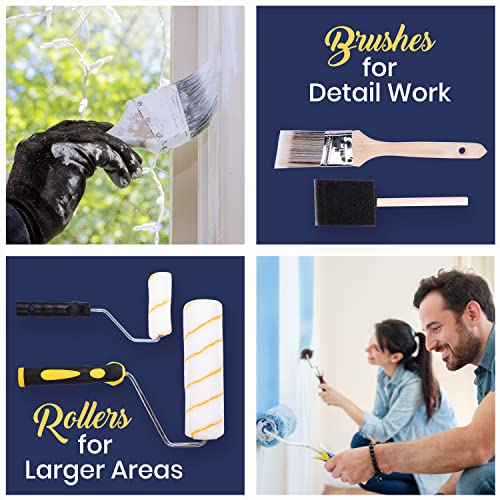 All Purpose Canvas Drop Cloth 9x12 Tarp, Canvas Fabric Drop Cloth Curtains, Drop Cloth for Painting & Painting Tool Kit with Roller Covers, Roller Frames, Brushes and Tray for Household Painting