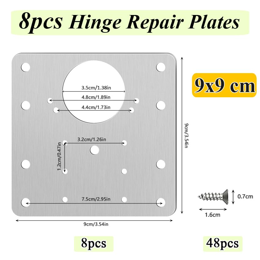 9x9cm Hinge Repair Plate, 8X Cabinet Hinges Replacement Mending Plates with 48pcs Screws, Flat Stainless Steel Kitchen Furniture Cupboard Wardrobe Door Fixing Mount Drawer Bracket with Holes - color: 8pcs 9x9cm