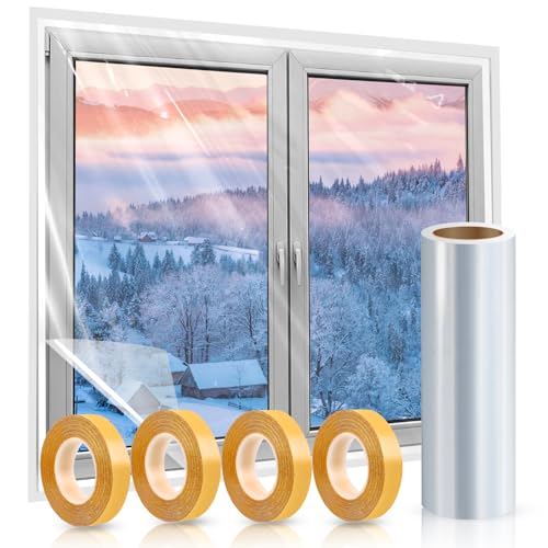 Window Insulation Kit, 87 × 394 Inch Plastic Window Covering for Winter, Window Insulation Film Window Wrap Insulation Windows Winterizing Kit with Double-Sided Tape for 3 Pcs 7 x 9 Ft Windows - size: 87 × 394 Inch