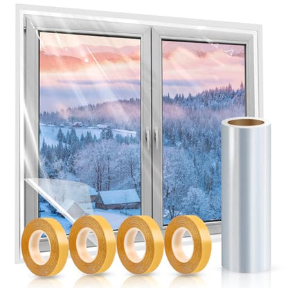 Window Insulation Kit, 87 × 394 Inch Plastic Window Covering for Winter, Window Insulation Film Window Wrap Insulation Windows Winterizing Kit with Double-Sided Tape for 3 Pcs 7 x 9 Ft Windows - size: 87 × 394 Inch