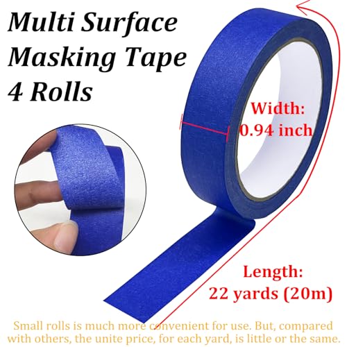 Blue Painters Tape, Masking Tapes, Premium Painter's Tape (88yd=4Rolls*0.94in*22yd), Adhesive Paint Tape for Wall Painting, DIY Artist Craft Arts, Decoration, Drafting, No Residue,Easy Removal - size: 4 Rolls, 0.94" x 22 Yds