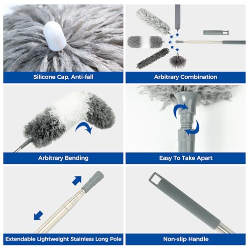9Pcs Dusters for Cleaning Kit, Extendable Microfiber Duster Tools with 100" Long Pole, Retractable Gap Bendable Dust Cleaner, Reusable Washable Cleaning Supplie for Ceiling Fan Furniture Cars and Home - size: 9 Pcs Duster Kits