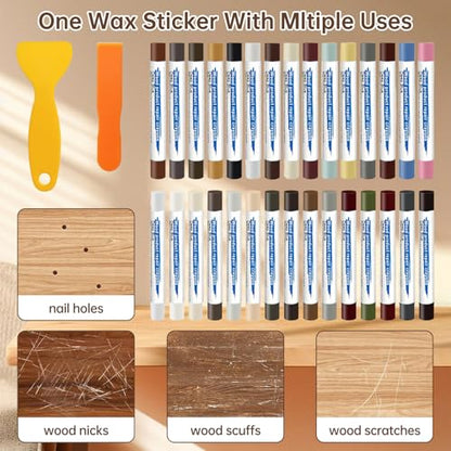 30+2P Wood Filler Sticks, 30 Colos Wood Filler Putty Wax Crayons Furniture Repair Kit Putty Stick for Baseboard Cabinets Furniture Floors(with 2 Scrapers)