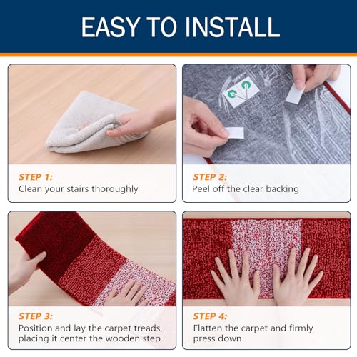 OLANLY Stair Treads Non Slip 15PCS, 8" x 30" Indoor Stair Runners for Wooden Steps, Edging Stair Rugs with Reusable Peel and Stick Adhesive for Kids Elders and Pets, Burgundy - color: Burgundy