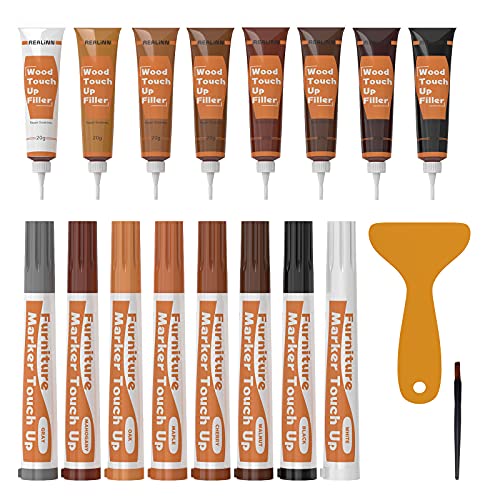 REALINN Wood Furniture Repair Kit 8 Dark Colors- Wood Fillers and Touch Up Markers, Repair Scratch, Cracks, Discoloration for Wooden Door, Floor, Table, Cabinet - color: Dark