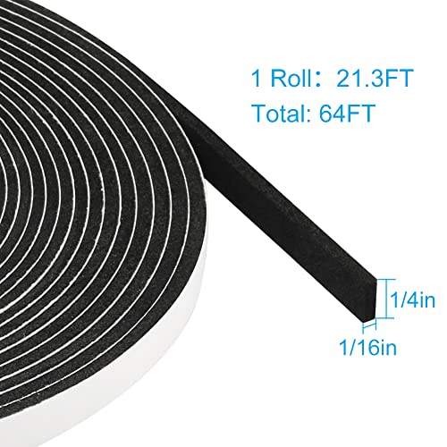 Seal Foam Tape,1/4 Inch W x 1/16 Inch T Weather Stripping for Door and Window,High Density Single Sided Closed Cell Door Insulation Weather Strip,3 Rolls Total 64FT Long