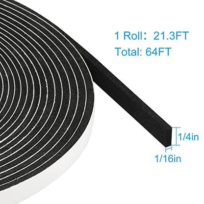 Seal Foam Tape,1/4 Inch W x 1/16 Inch T Weather Stripping for Door and Window,High Density Single Sided Closed Cell Door Insulation Weather Strip,3 Rolls Total 64FT Long