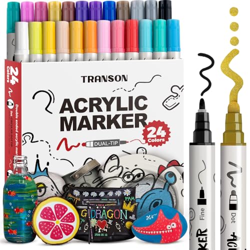TRANSON 24 Color Bold and Fine Dual-tip Acrylic Paint Pen Set for Canvas Rock Wood Leather Ceramic DIY Painting - color: 24 Colors