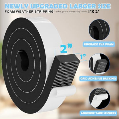 1"×2" EVA Foam Strips with Adhesive Weather Stripping Tape Larger Foam Weather Stripping Strip for Large Gap Insulation (1"×2",6.5FT,Black) - color: Black, size: 6.5FT (2"×1")