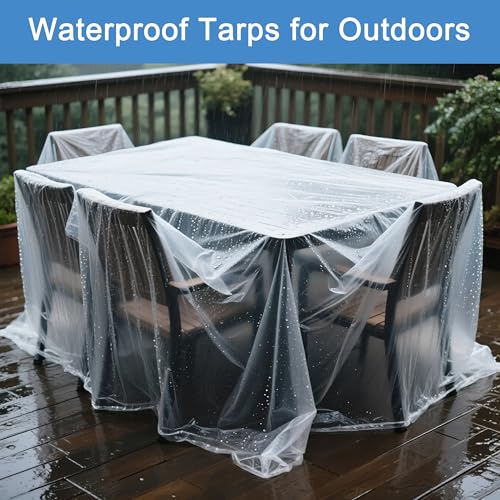 4 Pack Plastic Drop Cloth for Painting, Clear Thick Plastic Sheeting, Large Painters Paint Tarp, Dust Cover for Couch Floor Carpet, Furniture Protectors - Home Renovation Remodeling Cleaning, 8x12 Ft