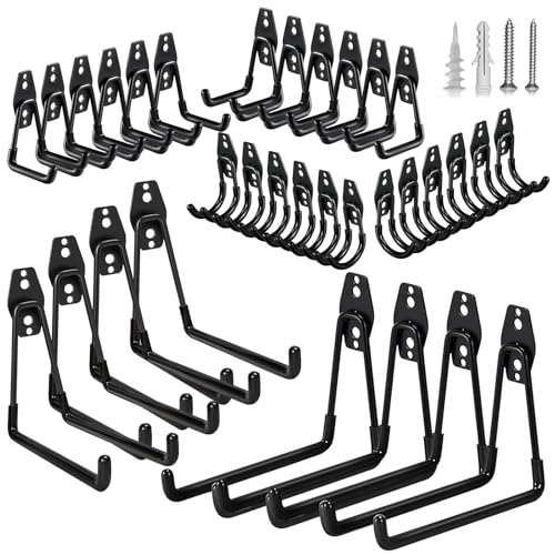 GUDEMAY 32 Pack Steel Garage Hooks Heavy Duty, Utility Wall Mount Hook with Anti-Slip Coating, Hanger & Organizer for Bulk Items, Bikes, Ladders, Power Tools, Ropes, and More Equipment - size: 32pcs - Black