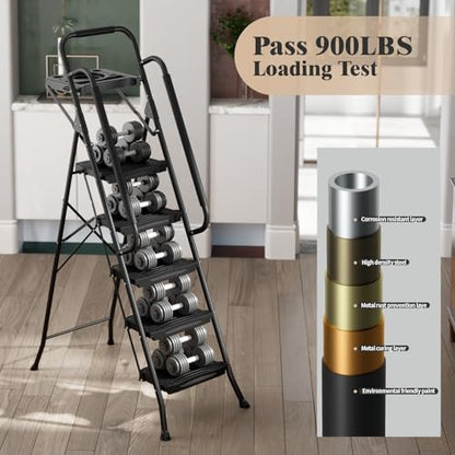 KINGRACK 5 Step Ladder with Tool Platform, 900 lbs Sturdy Step Stool with Handrail, Folding Steel Ladder with Wide Pedal, Safety Ladder for Adults Home Outdoor Painting Garage Office - size: 5-step with tool tray and handrail