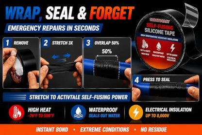 Self-Fusing Silicone Tape 1" x 5' x 20mil – Black Rubber Emergency Repair Tape – Waterproof, Heat-Resistant, Insulating, Chemical-Resistant, No Residue – for Automotive, Electrical & Outdoor Use - color: (Black)1" x 5'