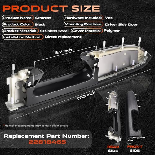22818465 Door Panel Armrest, Front Left Driver Side Arm Rest Compatible with 2010-2014 Chevy Silverado & GMC Sierra 1500 2500HD 3500HD, Designed for Door Panel with Release Handle Below Armrest, Black - color: Black 22818465 Driver Side Armrest